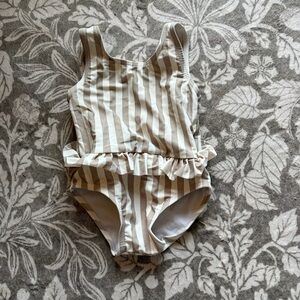Rylee + Cru Beige and White Striped Baby Romper with Ruffle